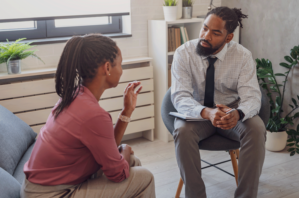 A patient working on building emotional strength through cognitive-behavioral therapy